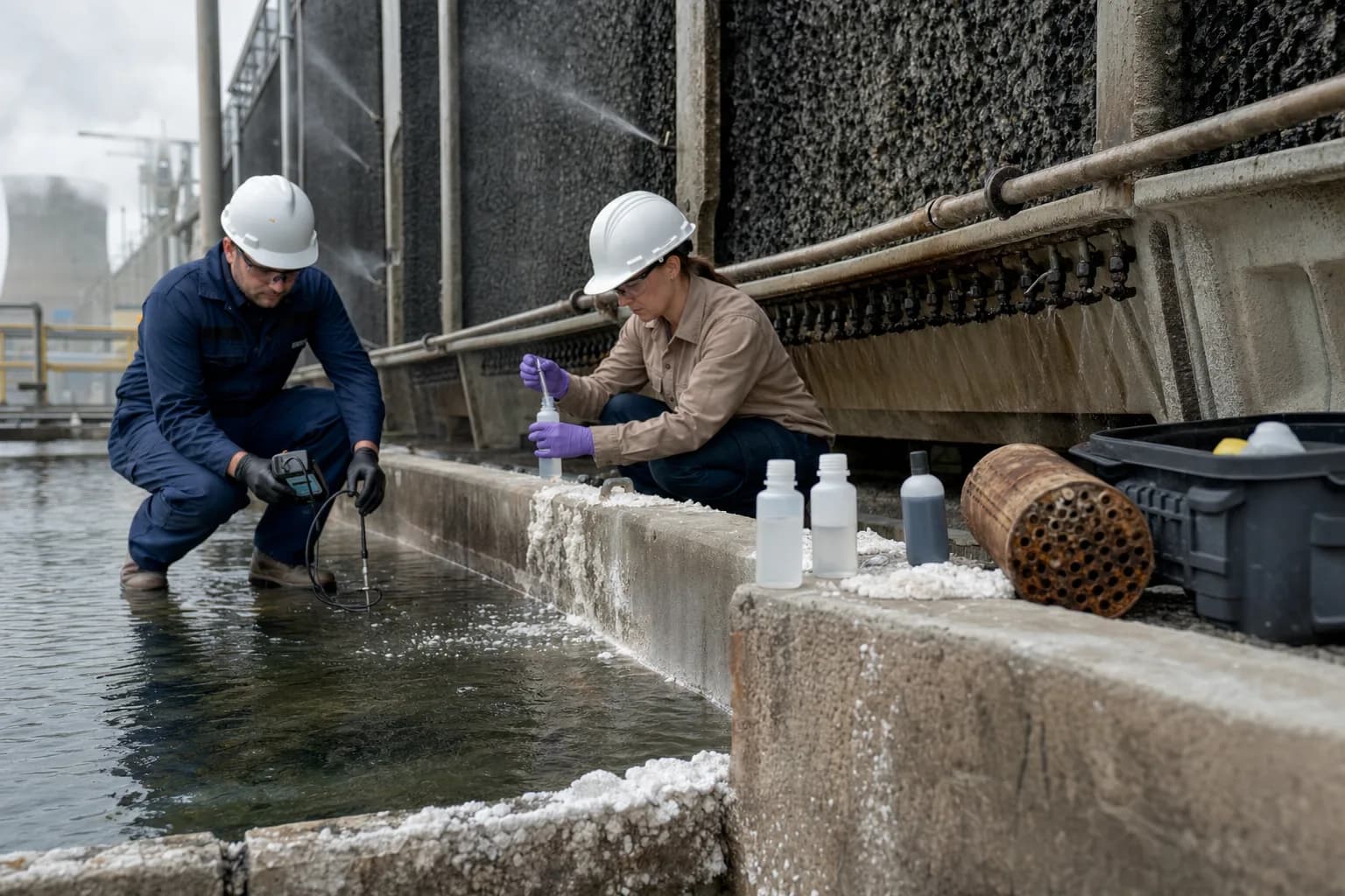Field sampling, probe checks and deposit inspection connect salinity to equipment outcomes：Portable conductivity/pH cross-check、Makeup, circulating and blowdown samples、Basin/fill mineral deposits、Opened bundle and localized corrosion evidence