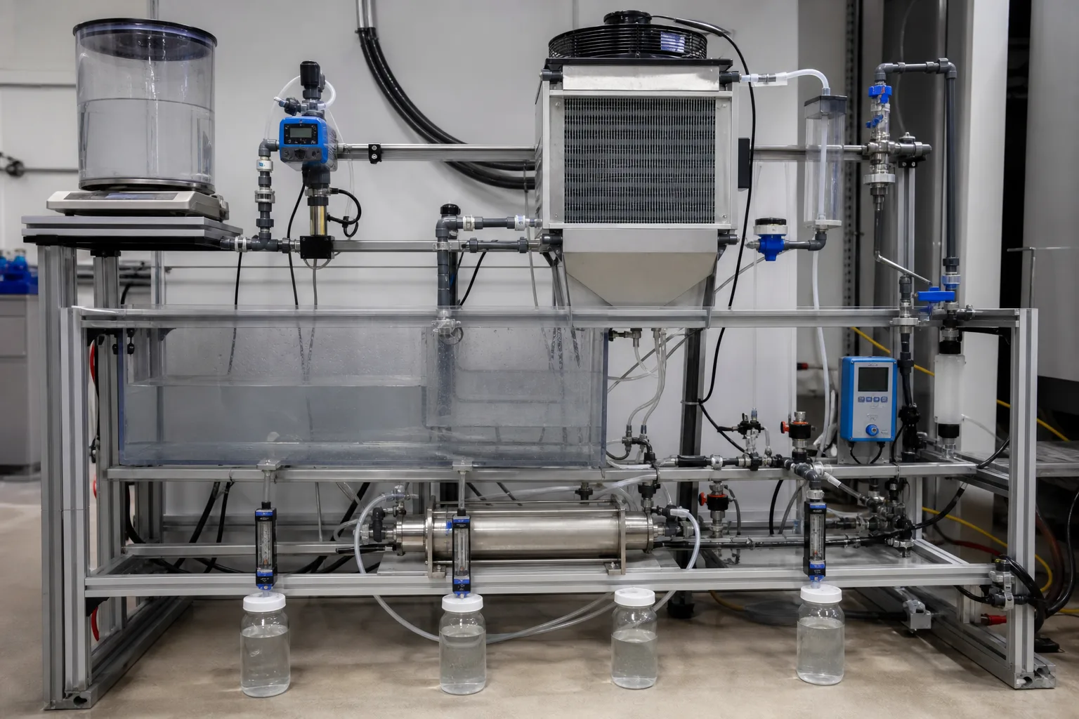 A balance rig places M, E, B, D/L and basin inventory inside one boundary：Makeup tank, weight or M meter、Tower evaporation and drift boundary、Basin level and inventory change、Blowdown B, side losses and sampling