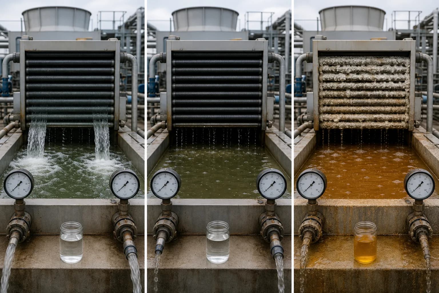 Low, optimized and excessive cycles require two axes: water loss and heat-surface result：Low CoC: clean-looking but high blowdown、Optimized CoC: water-risk balance、Excess CoC: heat-surface deposits、Matched flow, temperatures and samples