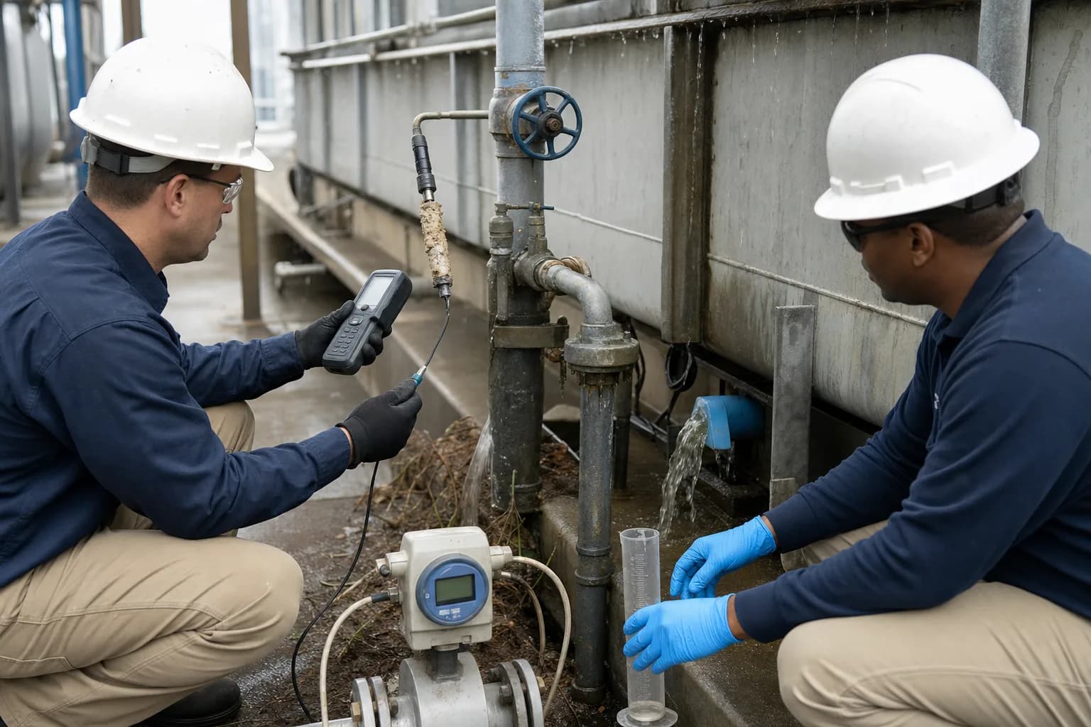 Field verification connects online conductivity, a portable meter, the valve and real blowdown flow：Portable EC/temperature check、Online transmitter and sample flow、Blowdown valve, line and backpressure、Actual B by meter or volume/time