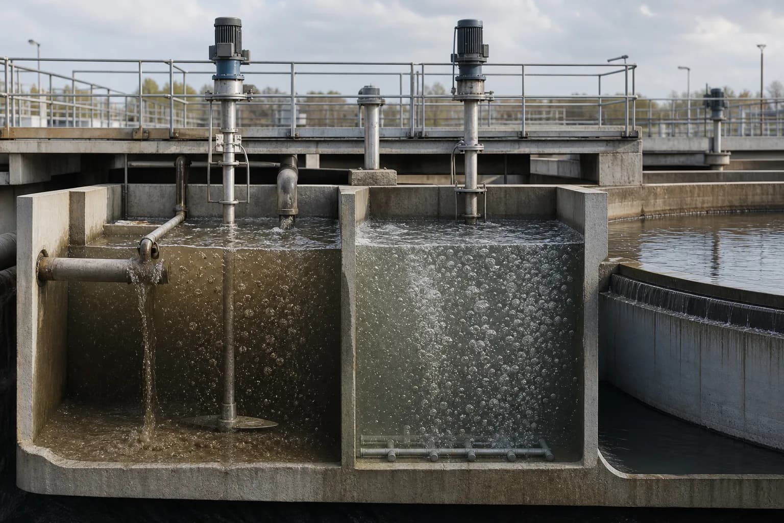 Aerobic nitrification and anoxic reduction form one hydraulic loop：Anoxic denitrification zone、Mechanical mixing and influent carbon、Aerobic nitrification and nitrate、Settling, recycle and effluent