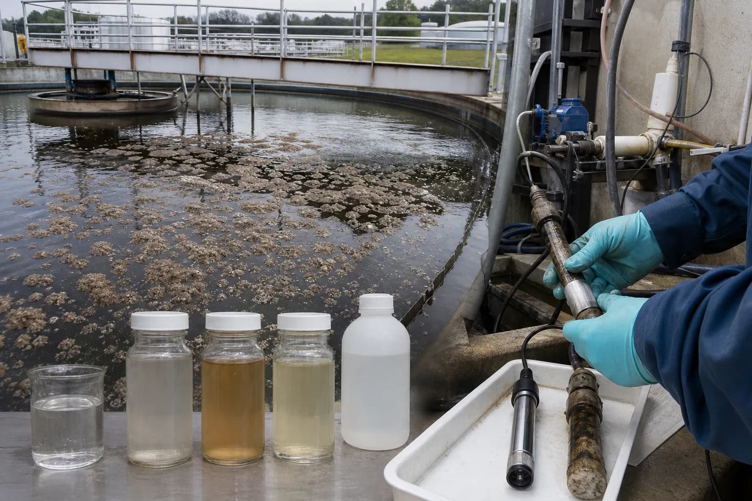 Floating sludge may be denitrification inside the clarifier：Gas-lifted sludge floc、Influent/effluent nitrate samples、DO/ORP online probe、Recycle, wasting and carbon equipment