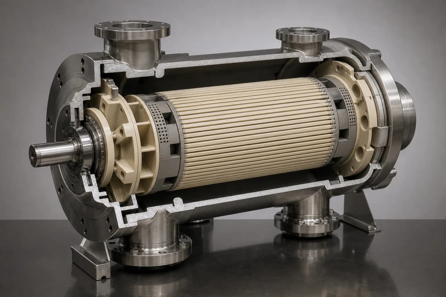 The cutaway shows axial rotor ducts, port plates, sleeve clearance and four process ports：Axial ducts / ceramic rotor、HP/LP port plates and timing、Sleeve clearance / seawater bearing、Pressure housing and four ports