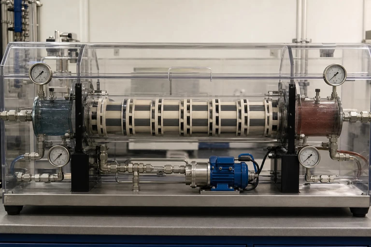 A transparent rig combines two fluids, four pressures and the booster circuit：LP inlet/outlet pressure pair、Rotating ducts and liquid interface、HP inlet/outlet pressure pair、Booster pump and flow control
