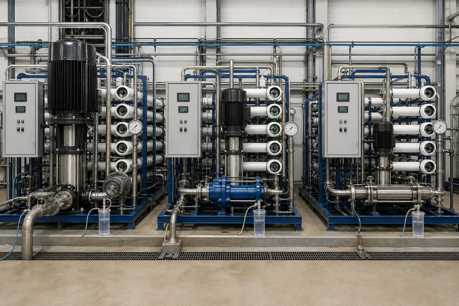 Three parallel SWRO trains show that ERD, pumps, membranes and control form one system：Main HP pump and VFD/control、RO vessels and HP feed、ERD / booster loop、Permeate/brine sampling and instruments
