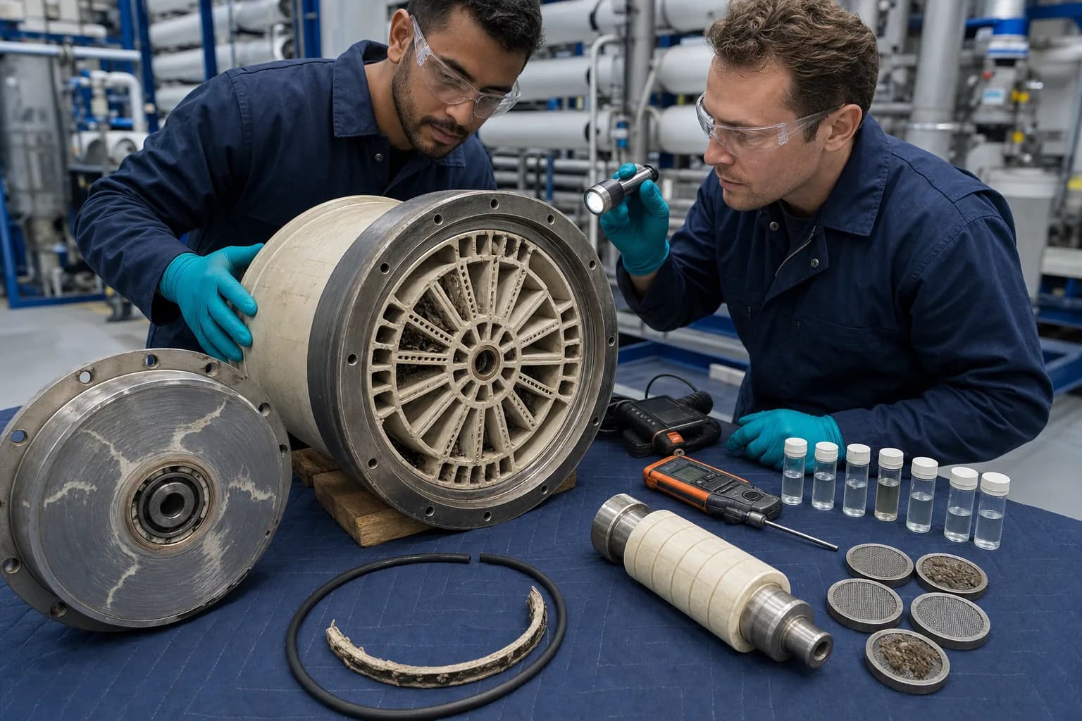 Teardown aligns ceramic rotor, end-port surfaces, seals and particle evidence：Ducted ceramic rotor、End cover / port-plate surface、Seal, sleeve and clearance parts、Captured deposits and port samples