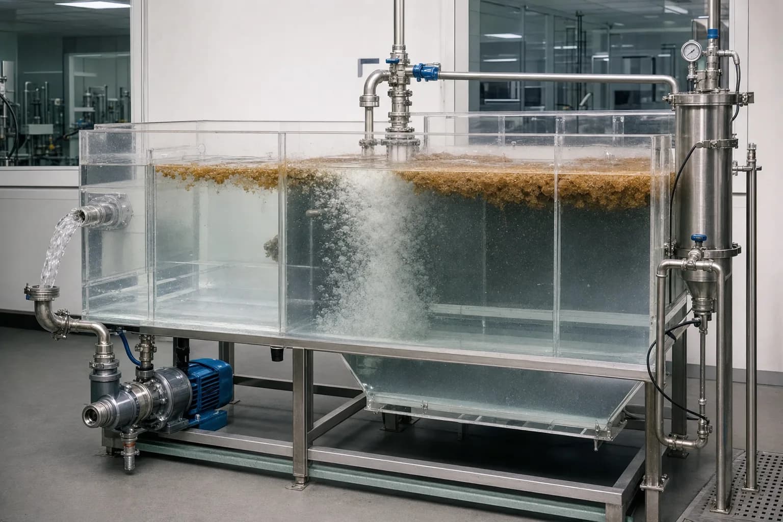 A transparent pilot shows saturation, release, attachment and clarified withdrawal together：Recycle pump/pressurized water、Pressure saturation vessel、Release device/whitewater、Float layer/clarified outlet