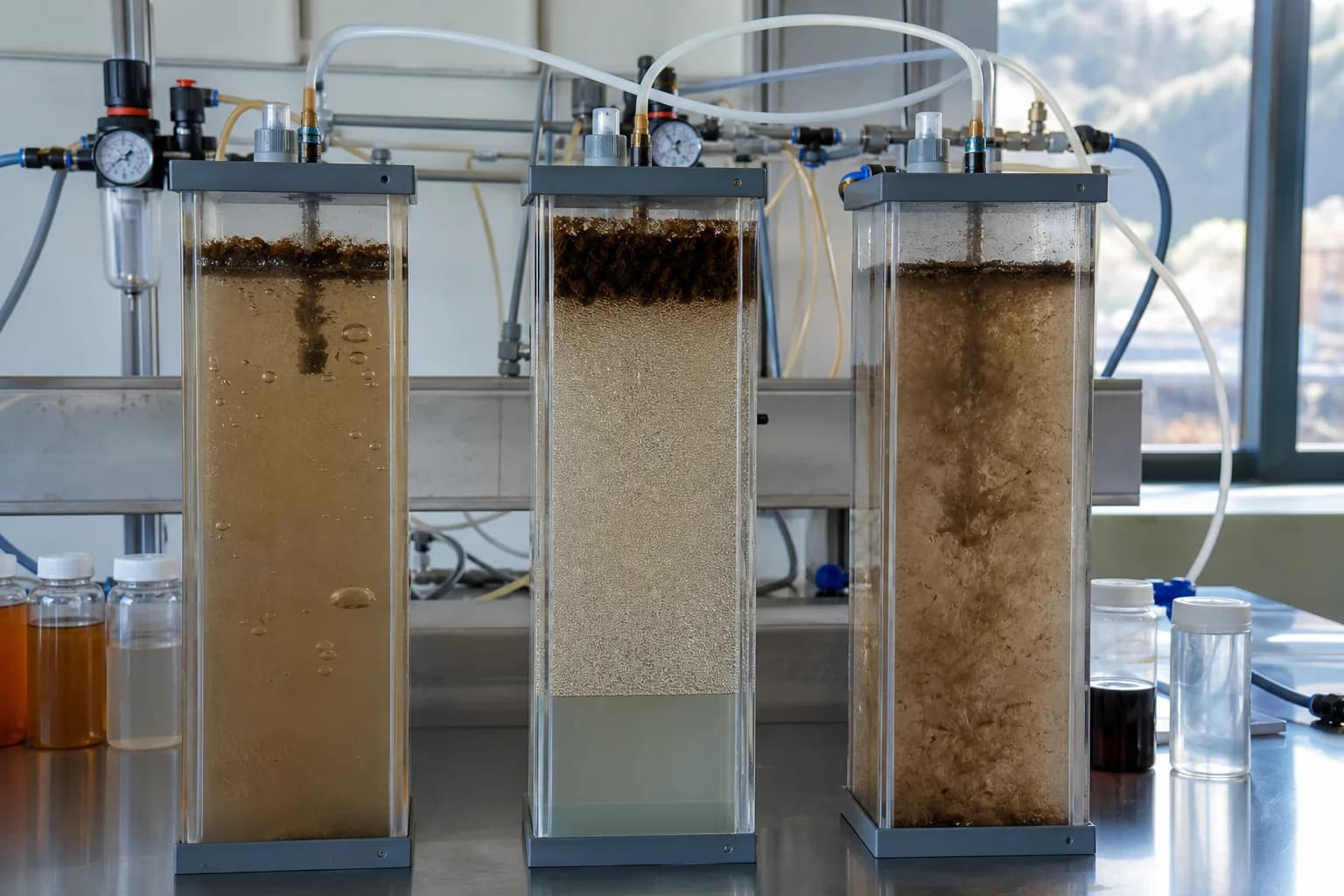 Side-by-side tests separate low air, a useful whitewater window and bubble–floc mismatch：Low air/slow flotation、Fine whitewater/stable float、Overload or bubble–floc mismatch、Three same-feed candidates