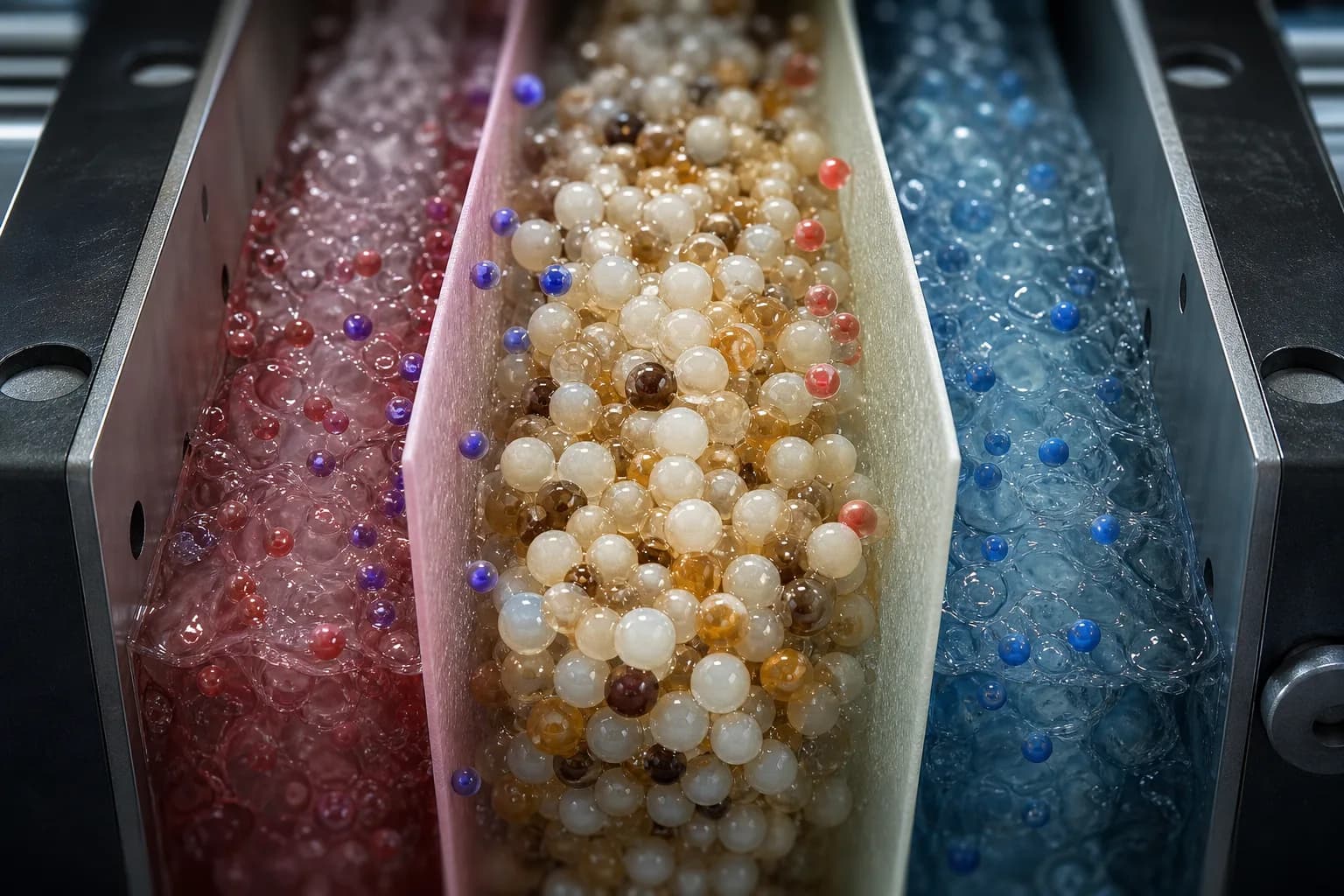 Resin is a transport highway, not the final storage point：Mixed resin in dilute cell、Anion-selective interface、Cation-selective interface、Migrating trace ions