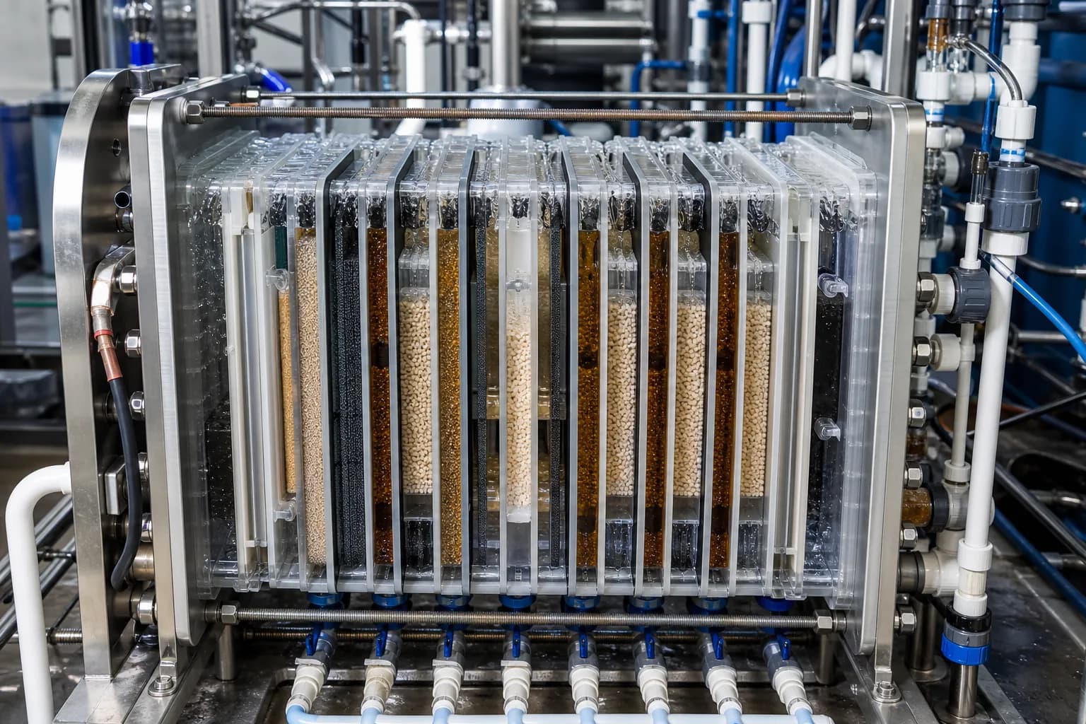Alternating cells deliver product and salt-bearing concentrate together：Alternating dilute/concentrate cells、Resin-filled channels、End electrode and compression plate、Inlet/outlet manifolds