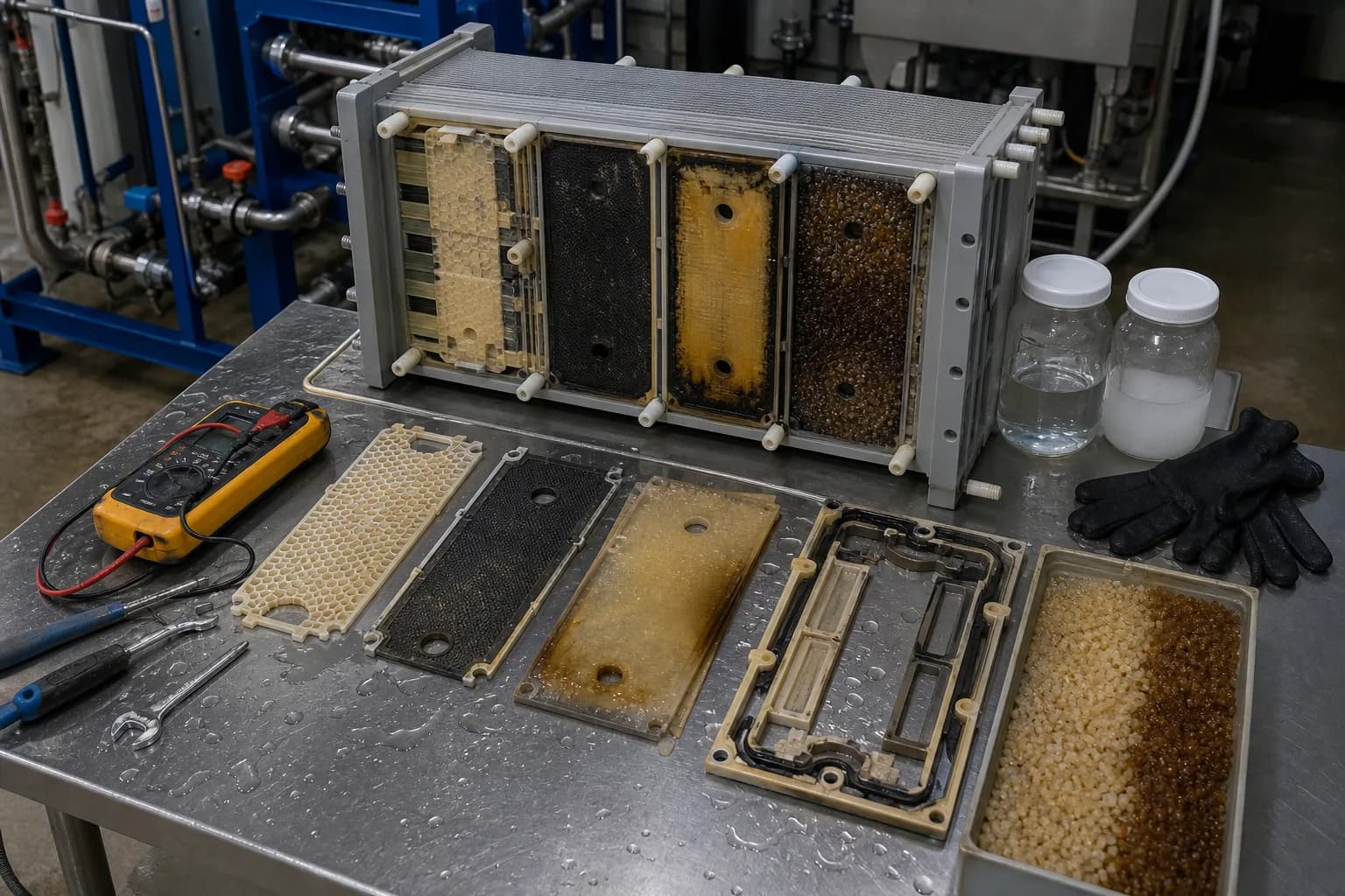 At teardown, separate scale, fouling, flow-path, and electrical faults：Mineral scale/resin agglomeration、Dark organic/metal deposit、Seals and distribution path、Electrical checks and samples