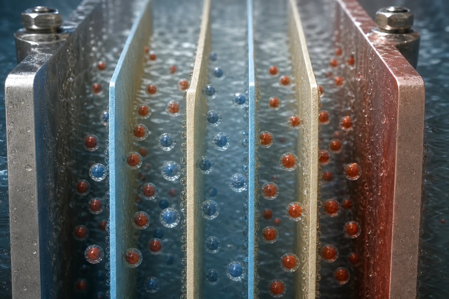 Fixed-charge membranes act like two charge-specific gates：Cation-exchange membrane CEM、Anion-exchange membrane AEM、Cations moving to cathode、Anions moving to anode
