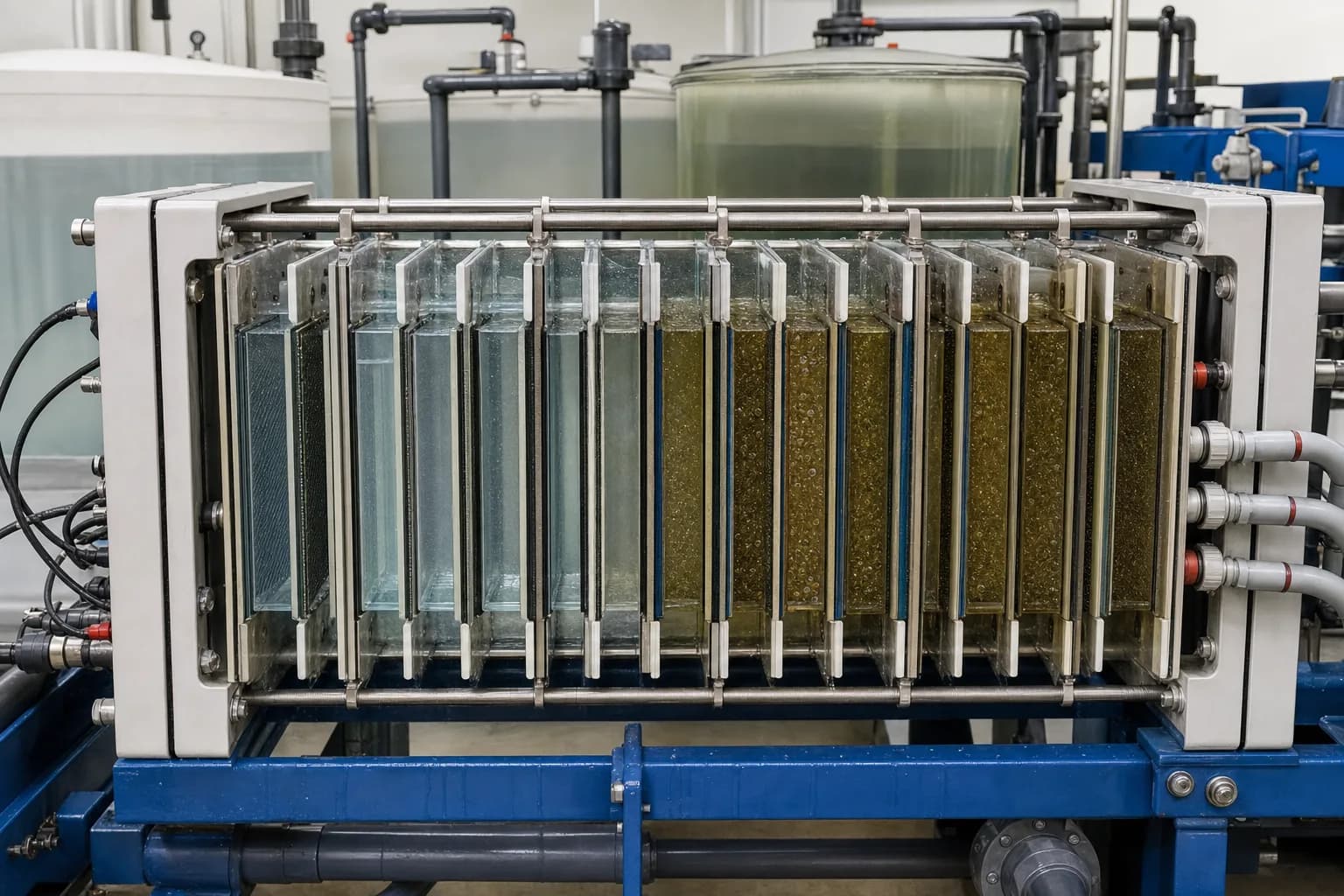 Alternating compartments make one stream dilute and the next concentrated：Low-conductivity dilute cell、High-conductivity concentrate cell、Alternating sheets and spacers、Separated inlet/outlet ports