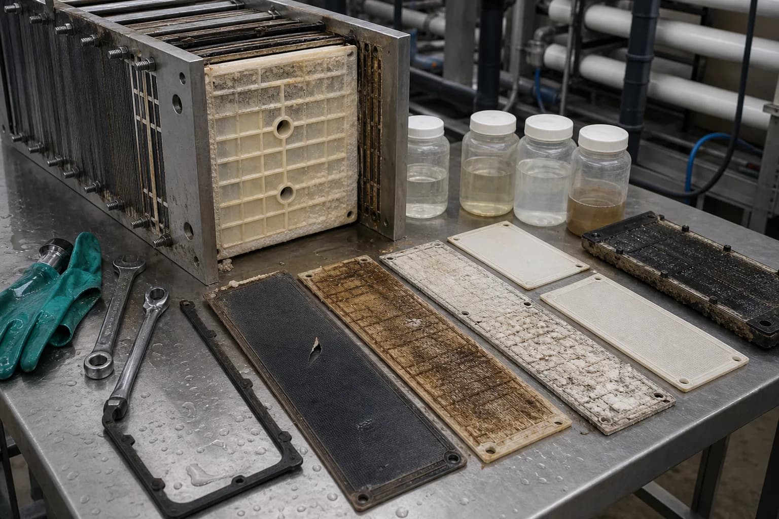 At teardown, map scale, fouling, membrane damage, and sealing faults：Pale mineral scale、Dark organic/metal fouling、Torn membrane and spacer、Gasket and branch samples