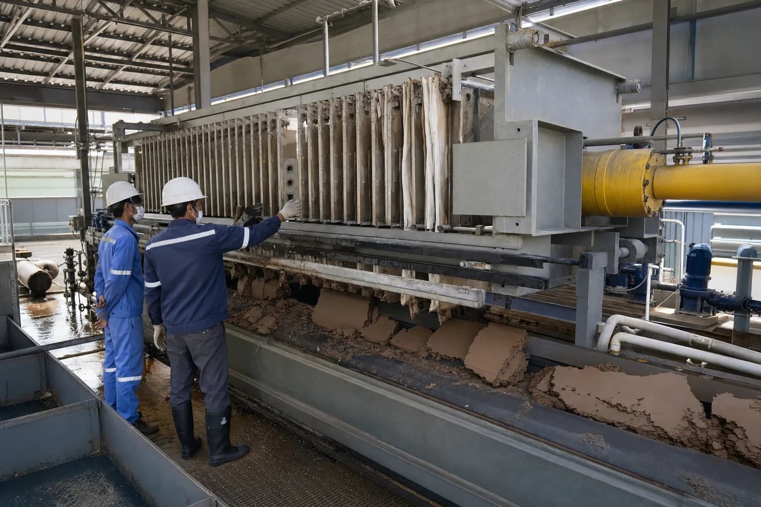 How does a plate-and-frame filter press turn sludge into cake?