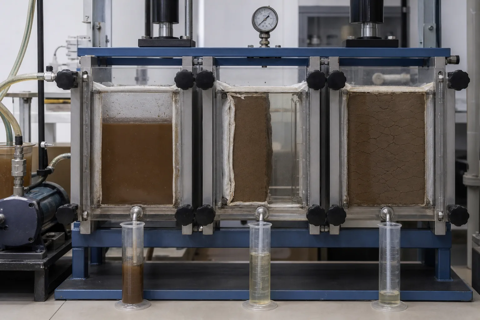 A transparent test press shows cake growing from cloth toward the chamber centre：Controlled feed pump、Sludge suspension、Cake growing from both faces、Filtrate volume and clarity