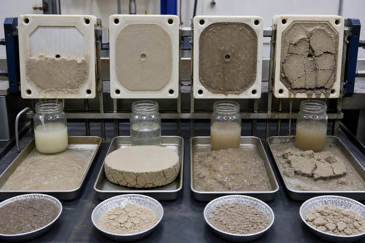 Four chambers show how conditioning and cycle settings change cake and filtrate：Slurry / no stable layer、Uniform releasable cake、Wet compressible cake、Cracked, residual or uneven cake
