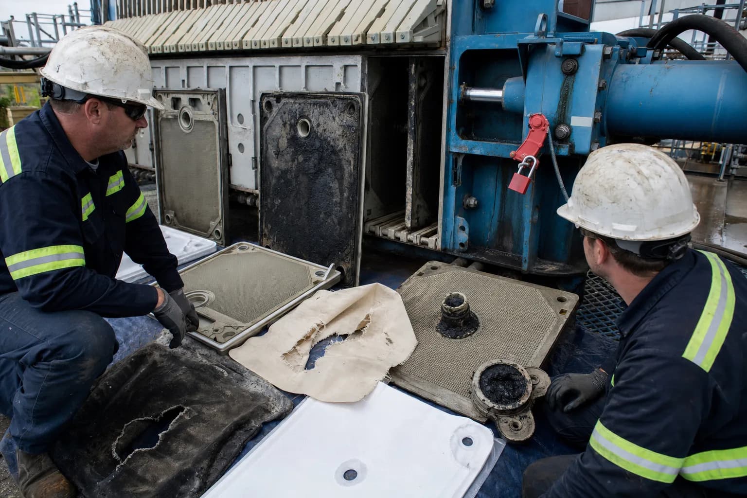 Maintenance exposes filter cloth, plate, feed-port and stored-energy hazards：Plate seal and drainage face、Removed torn/blinded cloth、Cylinder and moving head、Lockout and stored-energy isolation