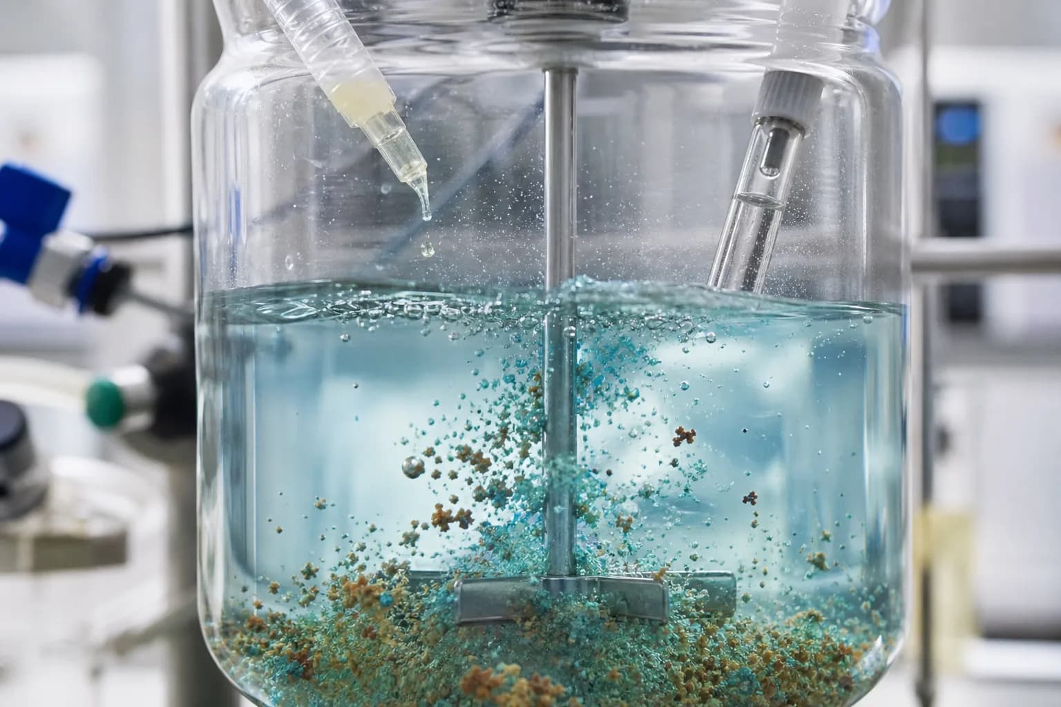 A beaker reactor shows why dosing, pH, and nucleation must be controlled together：Base or precipitant addition、Calibrated pH probe、Rapid mixing and nucleation zone、Fine metal-bearing precipitate