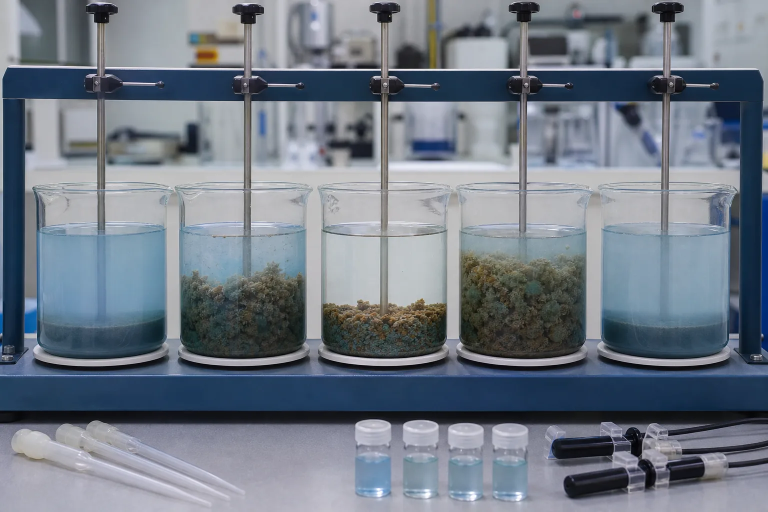 Jar tests locate the shared window for low solubility and good separation：pH and dose candidates、Large separable floc、Clearer supernatant and dense sludge、Under-treated, overdosed, or redissolved