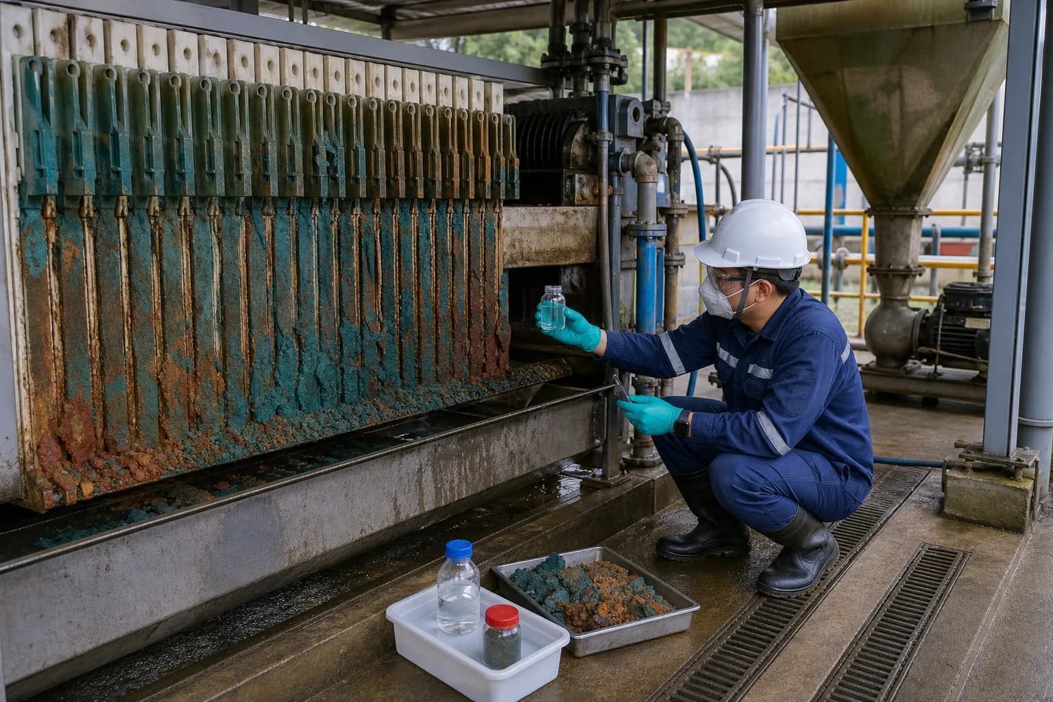 A filter press reduces volume and transfers contamination; it does not detoxify it：Filter plates and metal-bearing cake、Filtrate sample and recycle decision、Cake sample and moisture、Sludge hopper/feed pump