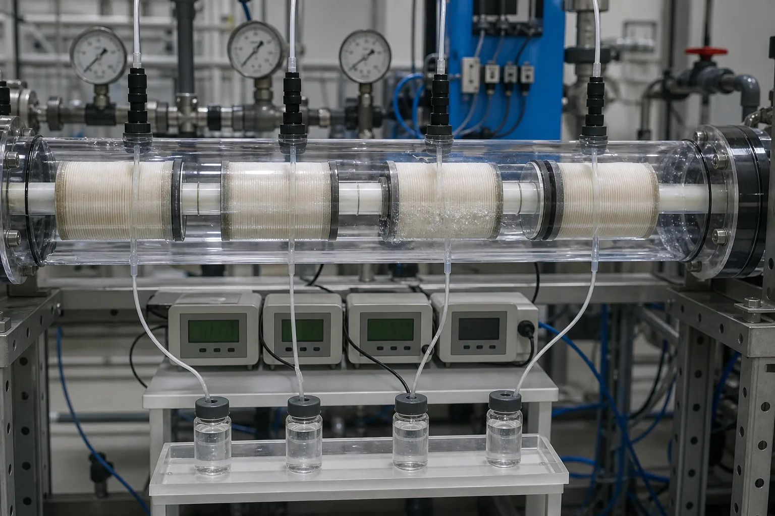 A transparent four-element vessel localizes a conductivity step along the permeate path：Element permeate localization taps、Interconnector and O-ring interfaces、Point conductivity under one condition、Four samples and the step boundary
