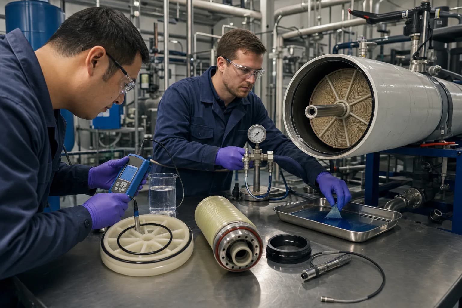 Open-vessel checks confirm seal, mechanical and membrane layers separately：Portable conductivity and local permeate、End plate, adapter and O-ring chain、Element end/center-tube integrity、Coupon dye/bench selectivity test