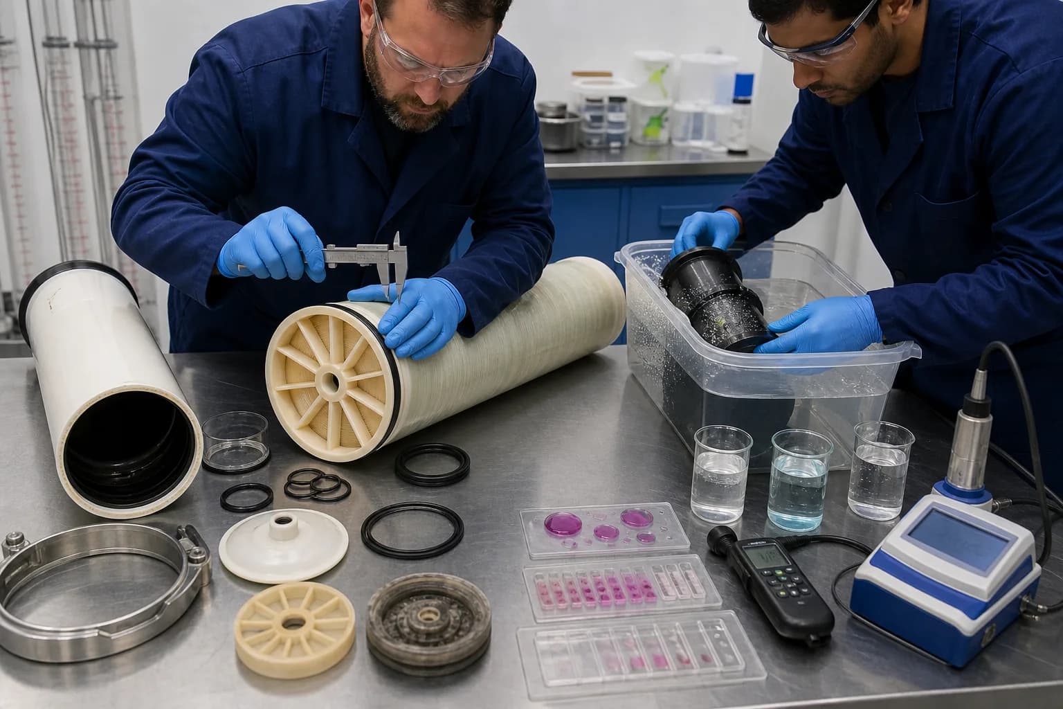 Final teardown closes the case with dimensions, seals, water testing, samples and membrane analysis：Element length/end-face and telescoping measurement、O-rings, connectors, end plate and shims、Adapter water/leak and crack inspection、Point conductivity, samples and coupon chemistry