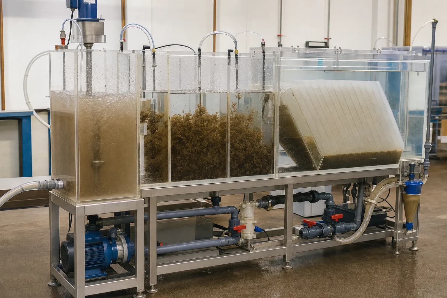 A continuous pilot links dosing, maturation, lamella settling, and underflow recovery：Rapid mix/destabilization、Floc maturation and weighting、Lamella clarification、Underflow, cyclone, and recycle