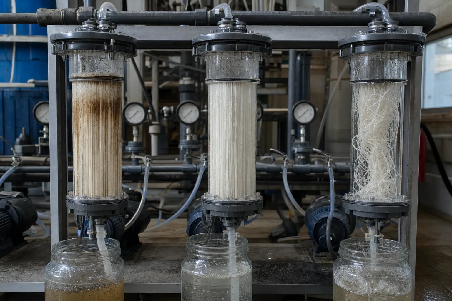Judge effectiveness by recovery, not by a briefly clear sample：Residual fouling、Recovered fiber bundle、Tangling or structural fault、Backwash waste sample
