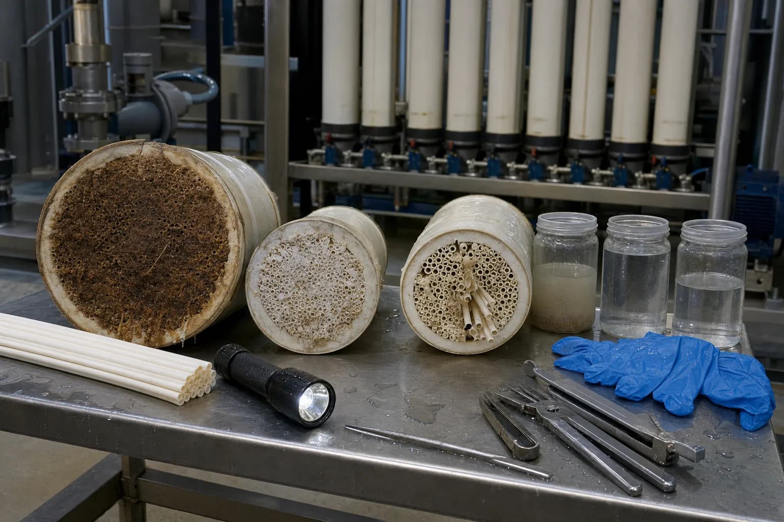 When backwash fails, separate fouling from loss of integrity：Heavy deposit layer、Locally blocked module、Exposed/suspect fiber break、Feed, filtrate and waste samples