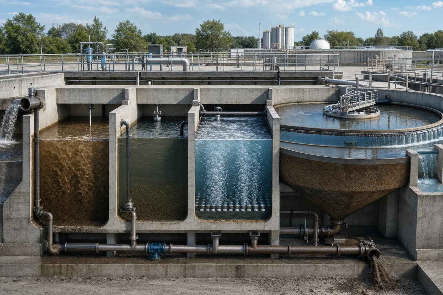 The cutaway connects reaction zones, settling and both recycles：Influent + RAS anaerobic zone、Internal recycle to anoxic zone、Oxic zone and nitrate outlet、Clarifier/RAS/WAS solids line