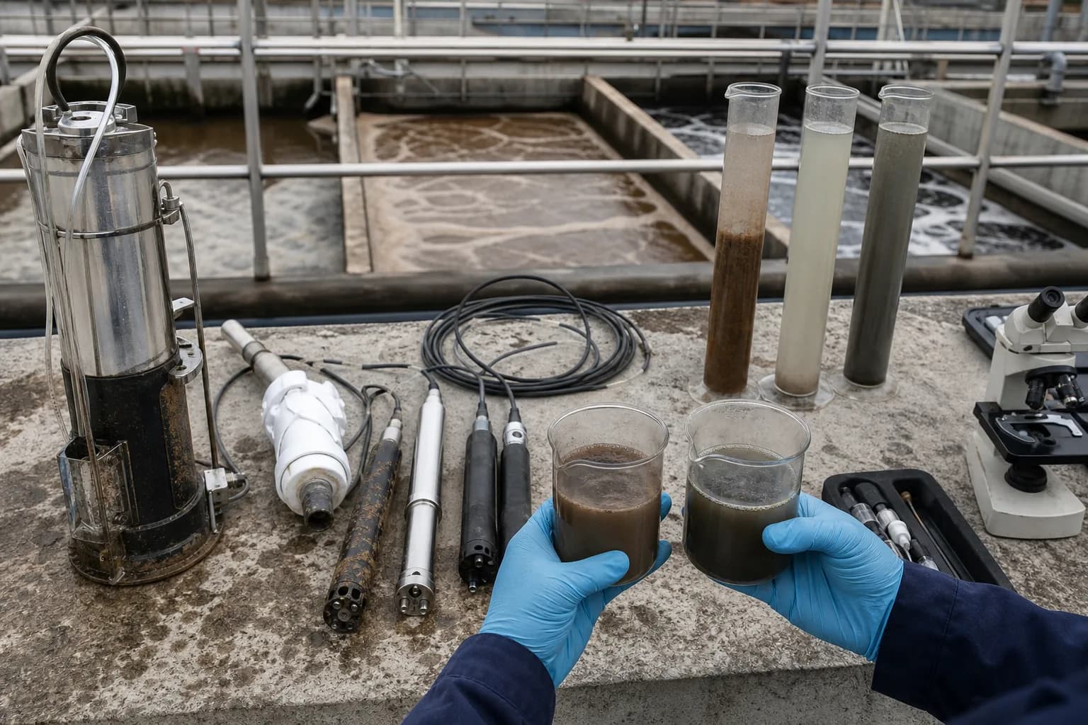 Diagnosis aligns three-zone samples, recycle data and sludge evidence：Anaerobic/anoxic/oxic samples、Internal recycle and RAS flow、DO/ORP/pH and N/P tests、Settling, blanket and microscopy