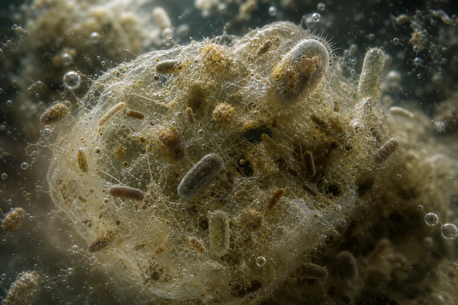 One activated-sludge floc is a micro-reactor：EPS structural matrix、Heterotrophic bacteria、Protozoa and grazers、Organic particles and water pores