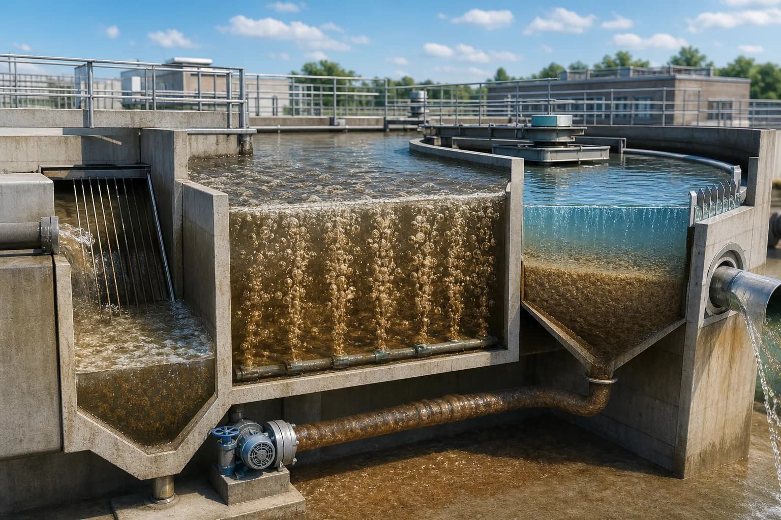 The process closes through reaction, settling, return and wasting：Influent and RAS mixing、Aerobic biological reaction、Clarifier clear-water zone、Return and waste sludge lines