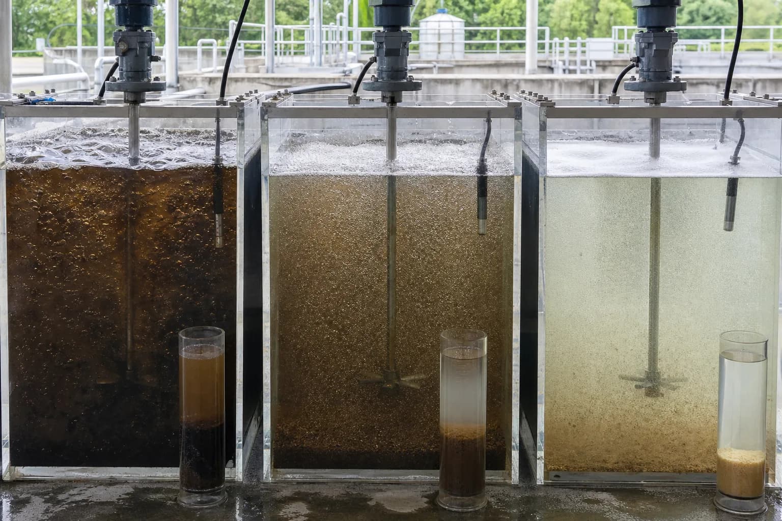 The same equipment behaves differently at different load and sludge states：High-load, high-F/M reactor、Balanced load and mature floc、Low biomass or washout、Settling cylinders and supernatant