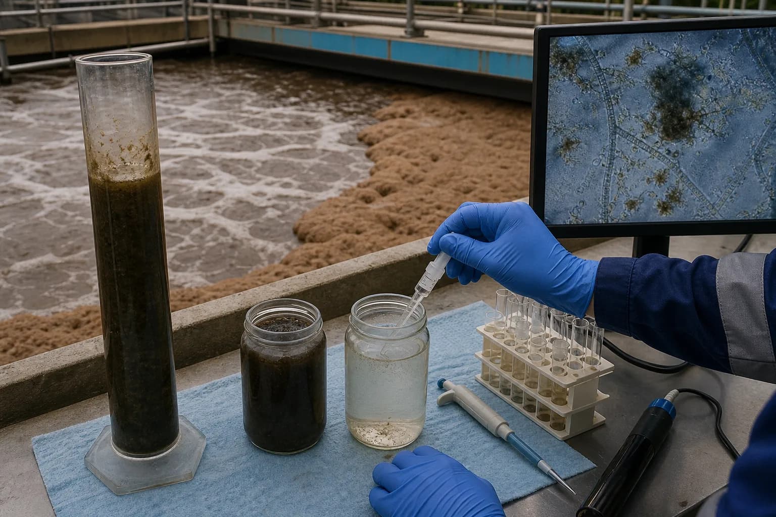 Diagnosis combines basin observation, settling, chemistry and microscopy：30-minute settleometer、Mixed-liquor and supernatant samples、Colorimetric or titration tests、Floc and filament microscopy