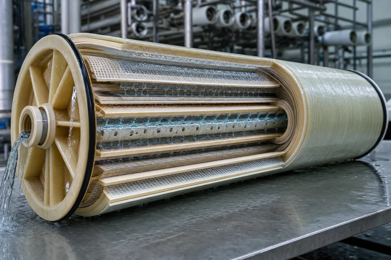 Cutaway spiral-wound reverse-osmosis element showing pressurized feed, selective membrane layer, permeate tube, and concentrate outlet
