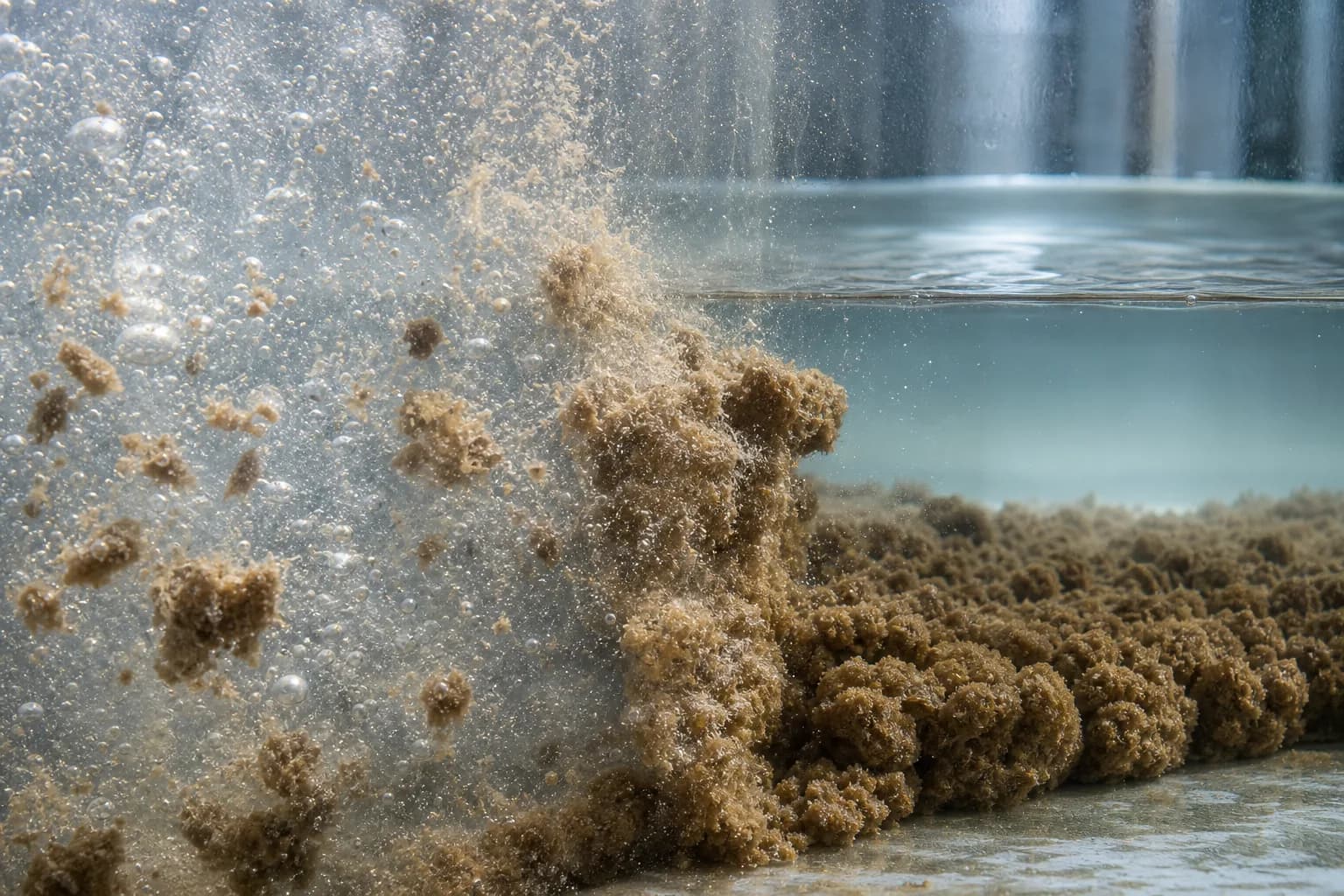 Suspended flocs perform the biological reaction：Oxygen-transfer bubbles、Suspended activated-sludge flocs、Upper mixed liquor、Gathering sludge layer