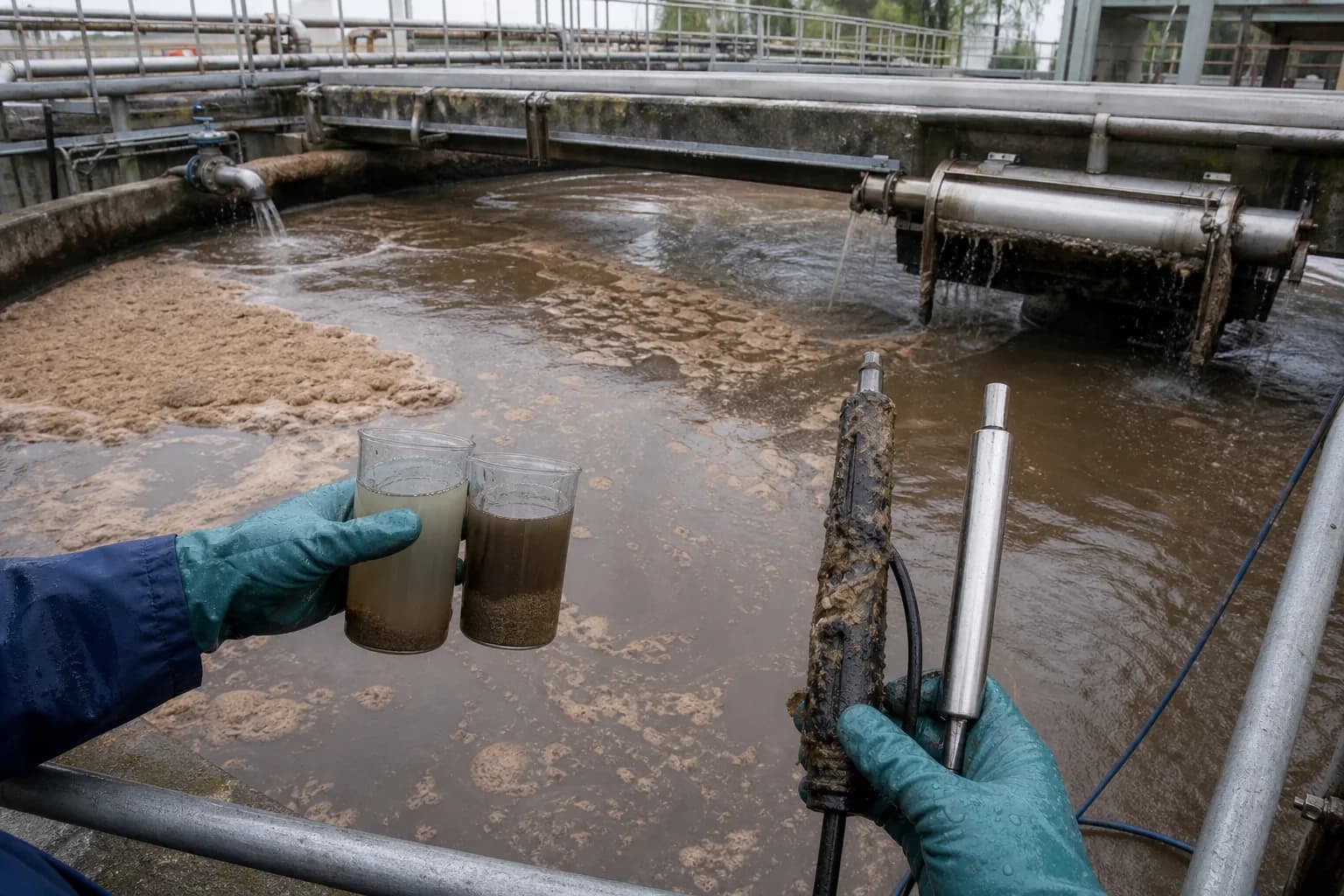 Diagnosis aligns samples, sensors, mechanisms and cycle trends：Stage-specific samples、Fouled/drifting probe、Foam and sludge condition、Influent and decant equipment