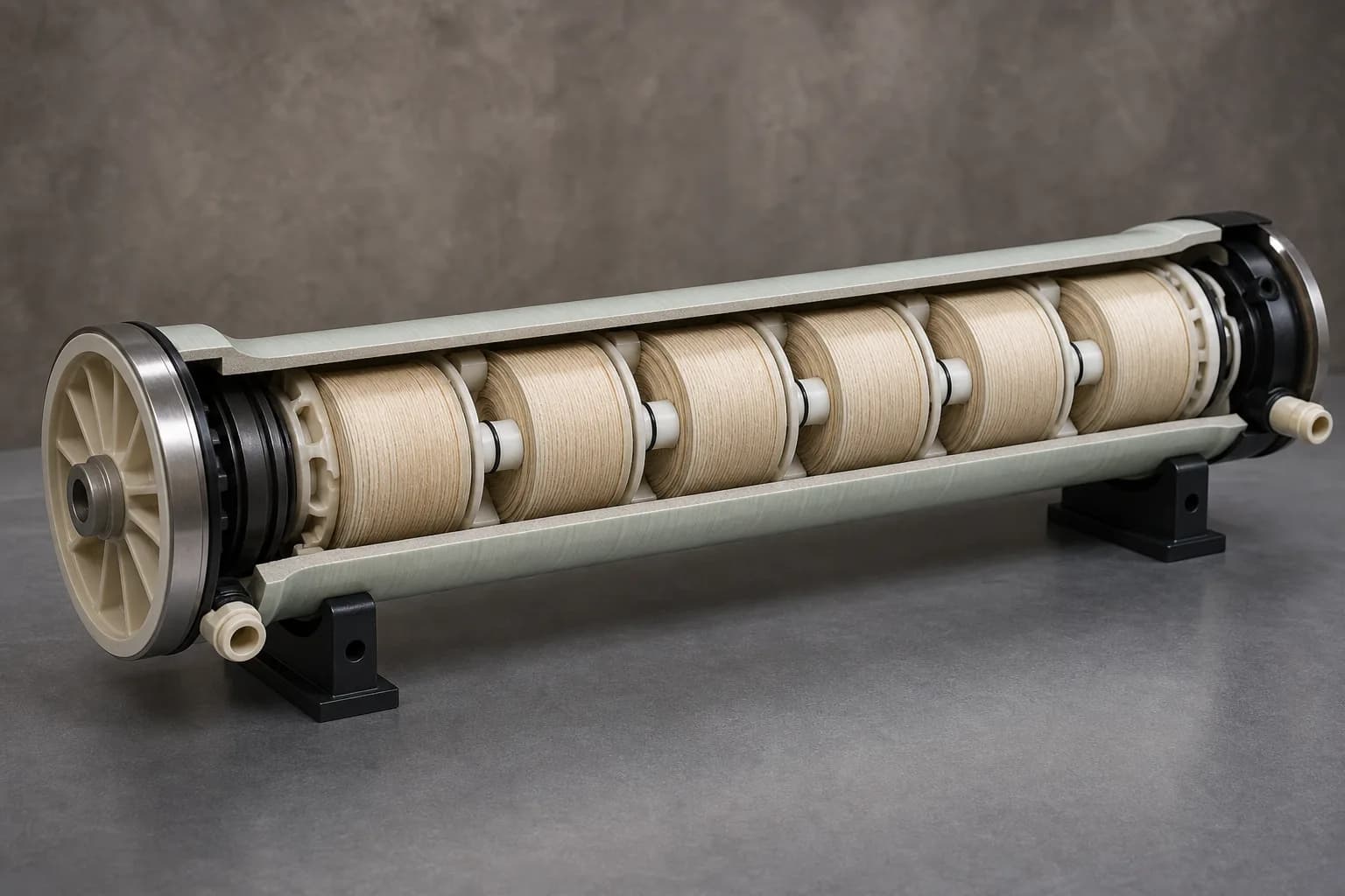 The cutaway aligns serial elements, permeate interconnectors and both closures：FRP pressure cylinder、Series spiral-wound element train、Permeate interconnector and O-rings、Closures, ports and thrust end