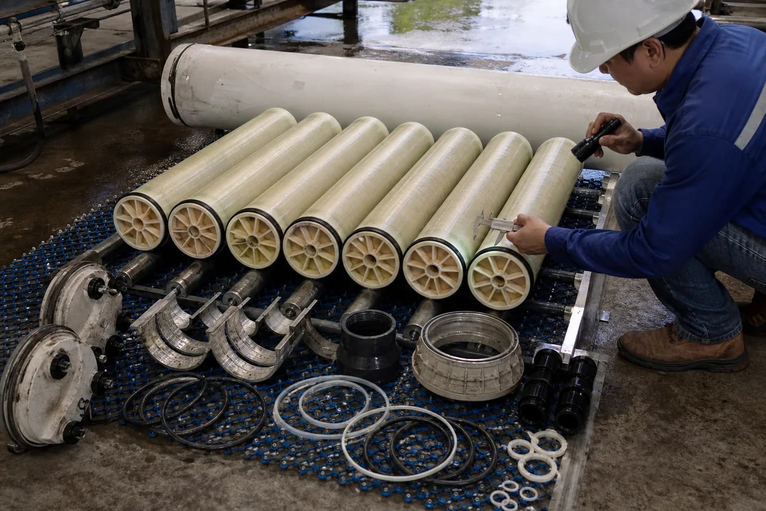 A disciplined teardown exposes every closure, permeate and sealing component：Position-numbered element train、Head and segmented retaining ring、Permeate connectors and end adapter、O-rings, brine seal and shims