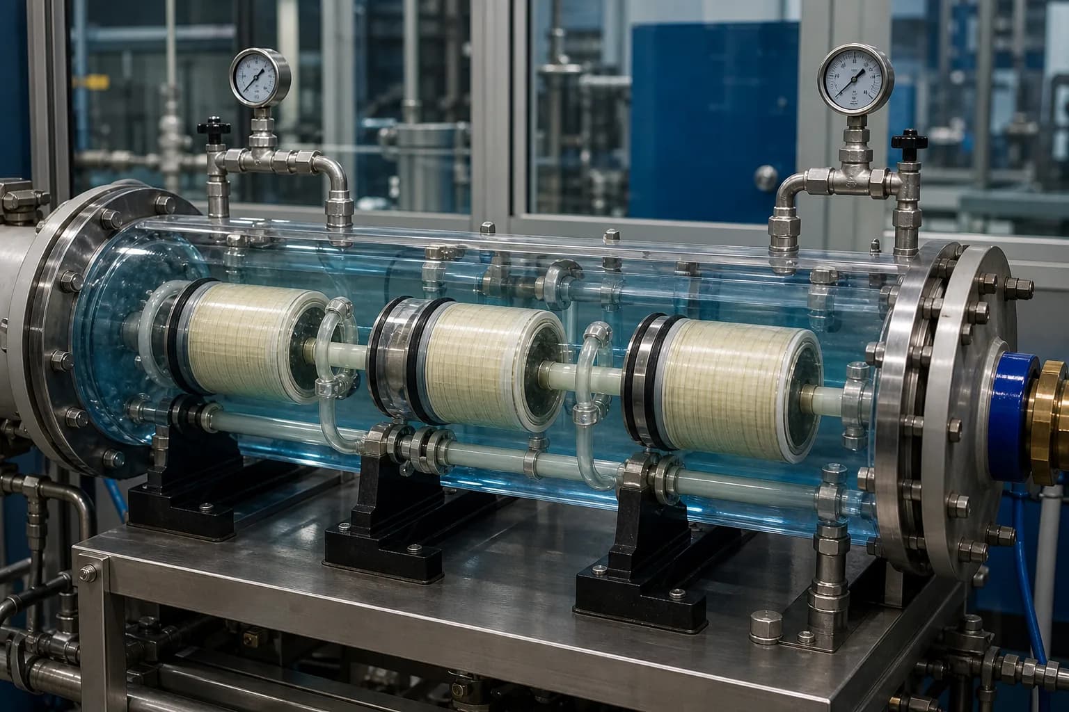 A transparent vessel separates shell-side feed, center-tube permeate and end piping：Shell-side feed/concentrate path、Spiral element and brine seal、Permeate center tube/interconnector、End pressure, sample and piping points