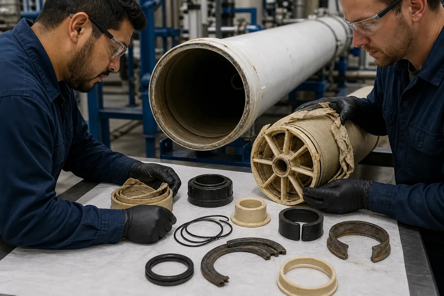 Wrapper damage, element movement and worn end seals leave different evidence：Torn wrapper / element telescoping、Vessel bore and pressure shell、Worn end adapter / thrust hardware、O-rings, brine seal and retaining ring
