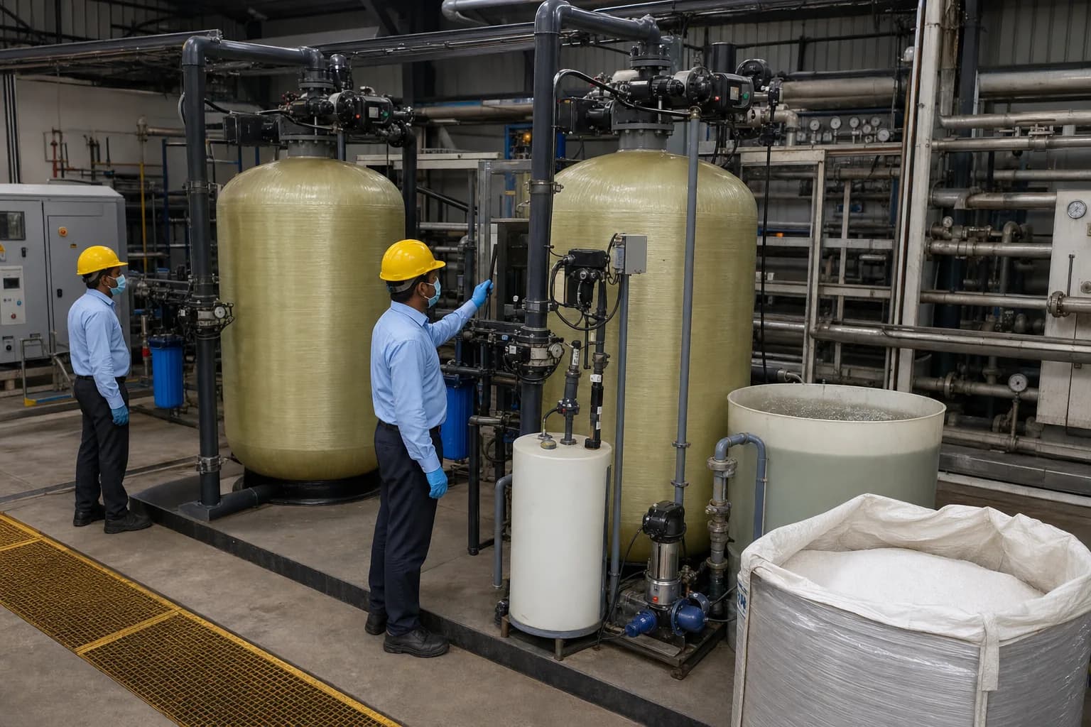How does ion-exchange resin soften water and regenerate?