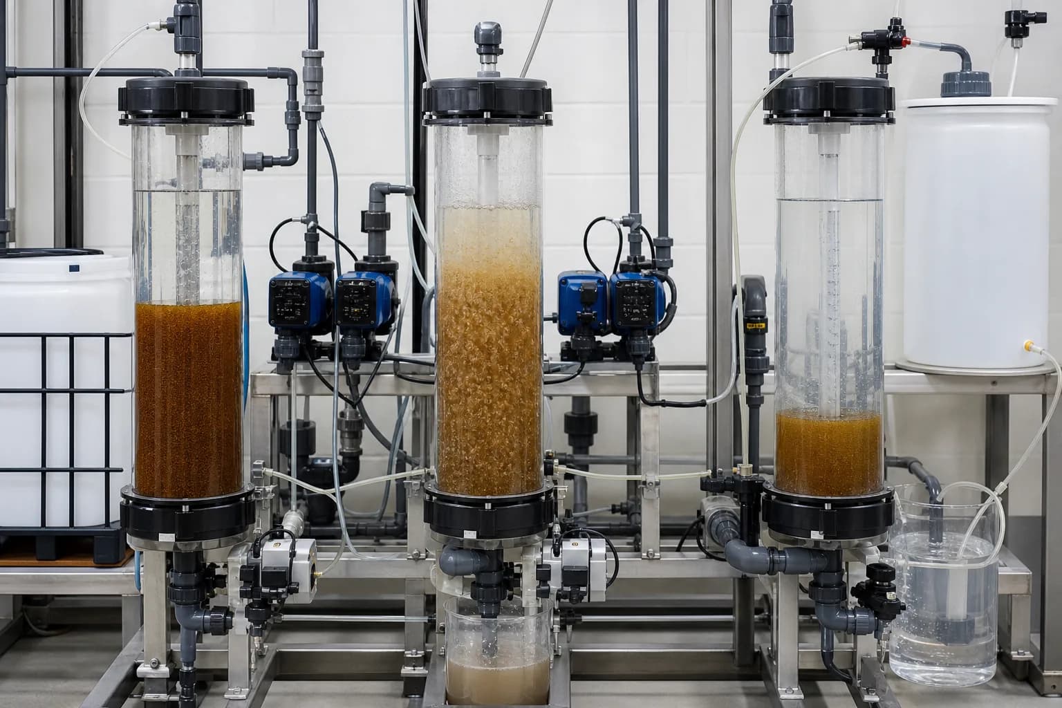 Three clear columns separate service, backwash, and brine displacement：Service exchange and exhaustion、Expanded backwash and cleaning、Brine displacement/slow rinse、Metering, valves, and drain collection