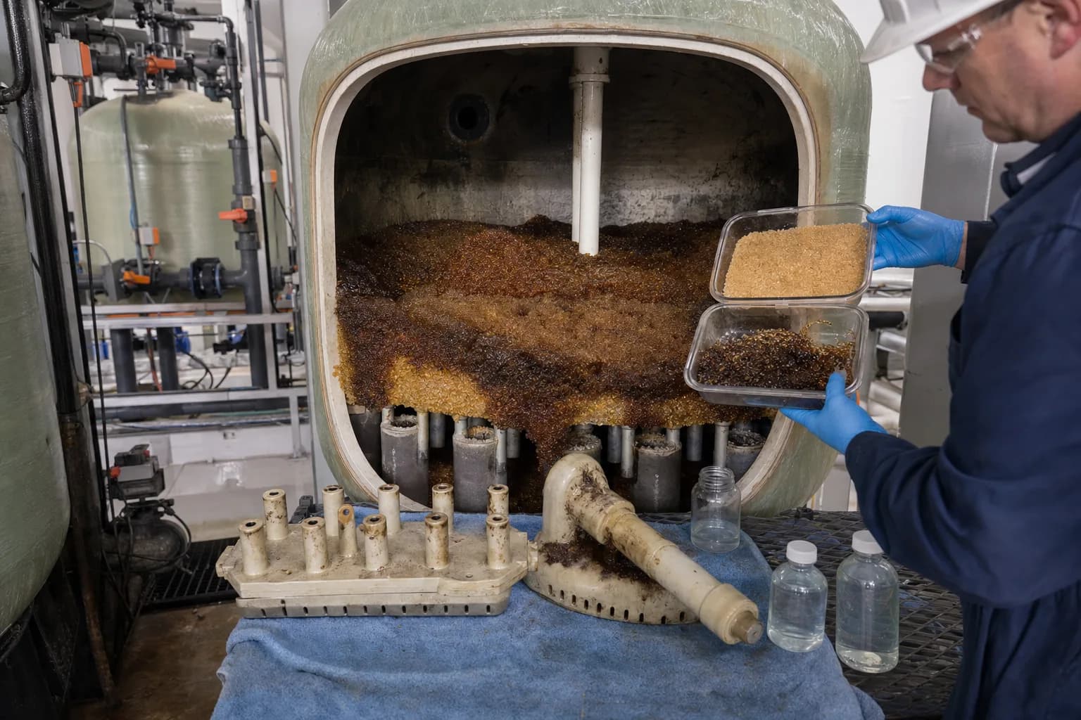 An open-vessel inspection finds channeling, fouling, broken resin, and distributor faults：Bed elevation and color pattern、Center pipe/upper distributor、Lower distributor and screens、New/used resin and water samples