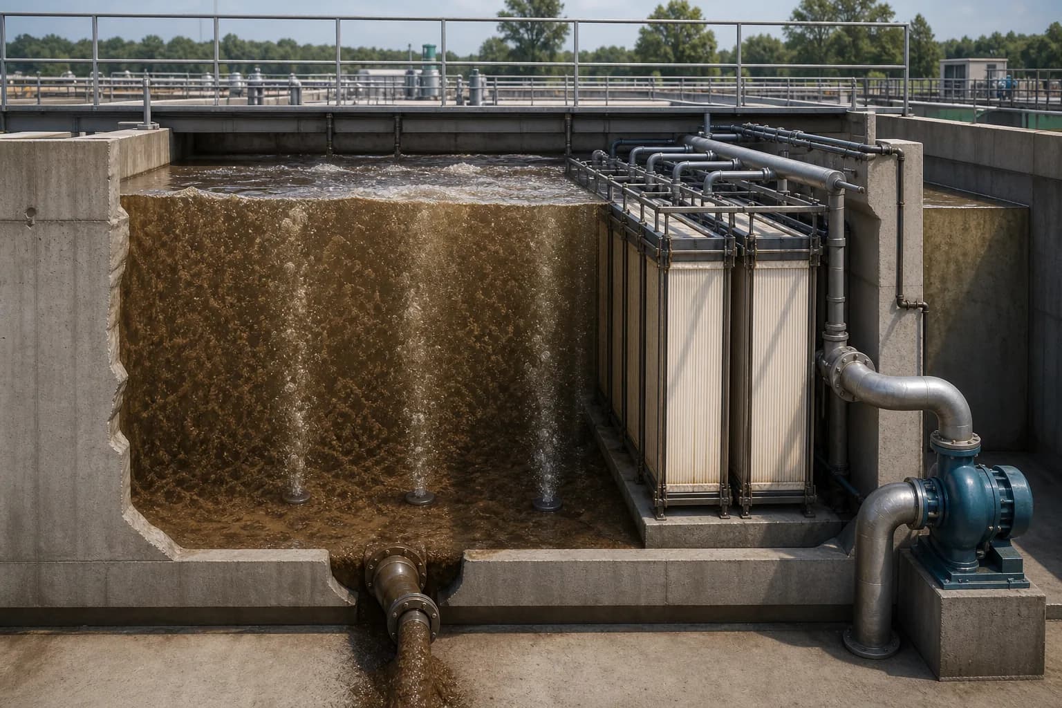 Follow the tank flow to see why sludge stays and water leaves：Biological reaction zone、Under-membrane diffusers、Membrane separation zone、Permeate suction pump
