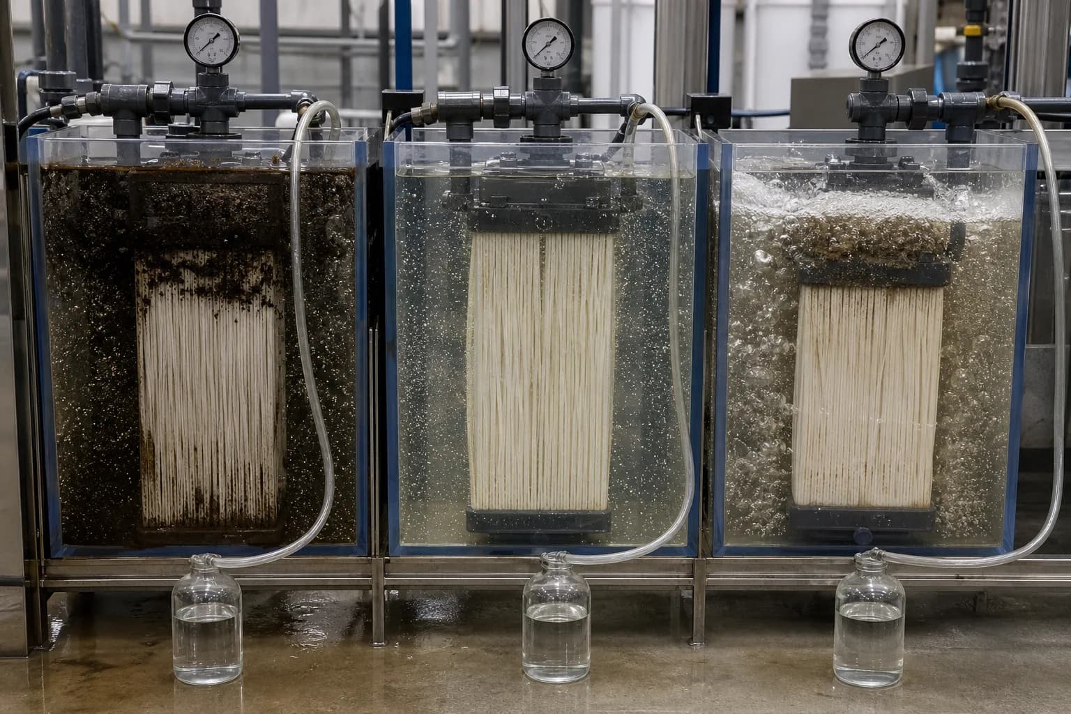 Clear filtrate does not mean every operating state is healthy：High load and heavy deposit、Stable filtration state、Strong/uneven aeration、Three filtrate samples