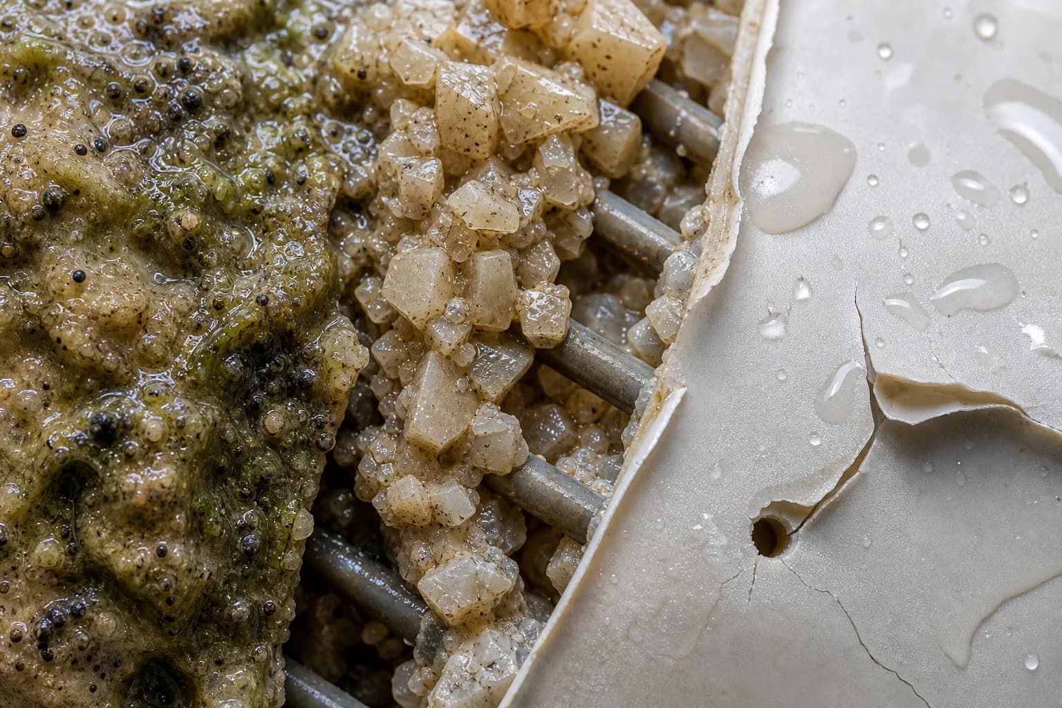 Three surface clues: adhesive layer, crystals and integrity gaps：Sticky mixed foulant、Faceted mineral scale、Sheet crack、Local hole or delamination